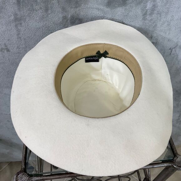 Olive & Pique off white Wool Felt Wide Brim Rancher Hat Tan Band Adjustable OSFM - Picture 5 of 8